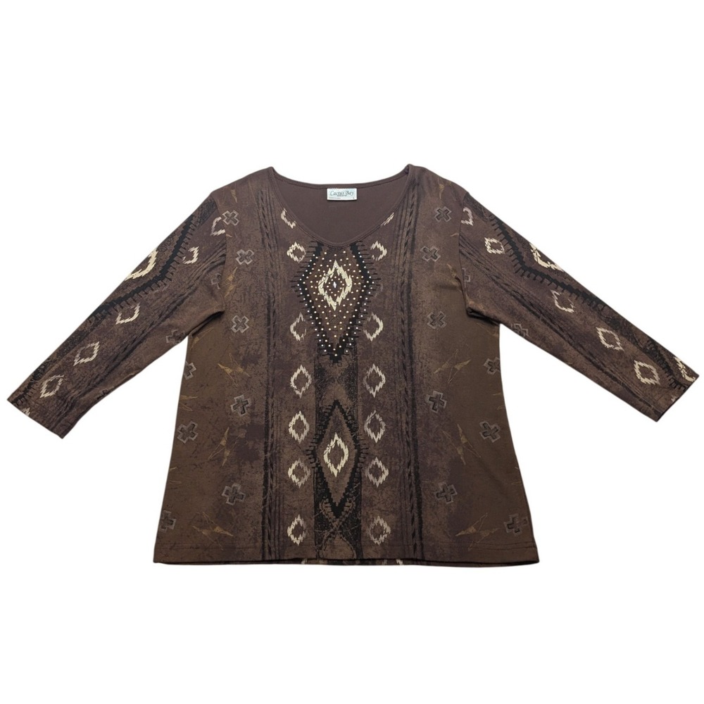 Cactus Bay Apparel T-Shirt Womens L Brown Southwestern Rhinestone 3/4 Sleeve